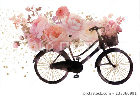 Bicycle with flowers in a basket created using watercolor art techniques Bicycle with flowers in a basket created using watercolor art techniques 135366991