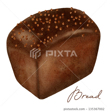 Watercolor illustration of a square loaf of dark rye bread in a rustic style. Perfect for bakery branding, menu design, food packaging, and healthy whole grain concepts. 135367002