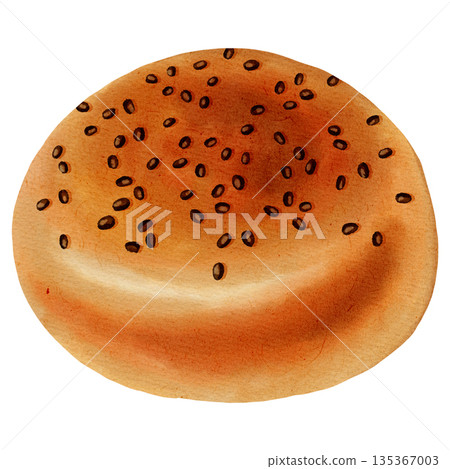 Watercolor illustration of a sweet white flour bun. Bakery products. Perfect for baking menus, packaging, dessert decorations, and evening tea party decor. Watercolor illustration of a sweet white flour bun. Bakery products. Perfect for baking menus, packaging, dessert decorations, and evening tea party decor. 135367003