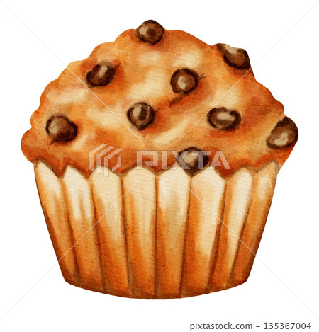 Watercolor illustration of a sweet muffin with visible chocolate chips. Perfect for bakery menus, dessert packaging, sweets advertising, and pastry design. 135367004