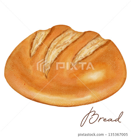Watercolor illustration of a soft, round loaf of white bread. Bakery products. Perfect for bakery menus, food packaging, rustic kitchen decor, and simple, classic baking concepts. Watercolor illustration of a soft, round loaf of white bread. Bakery products. Perfect for bakery menus, food packaging, rustic kitchen decor, and simple, classic baking concepts. 135367005