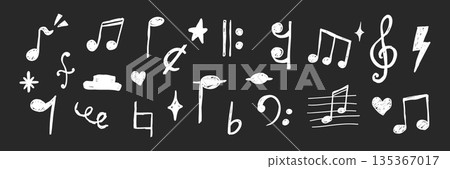 Music notes set crayon chalk pencil elements on dark background in sketch style. Back to school grunge texture. Whimsical music symbols, signs design element. Border  135367017