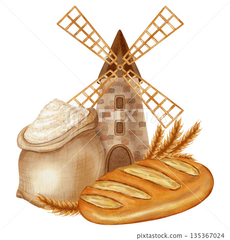 Watercolor illustration featuring a mill, flour, bread, buns, and a croissant. Ideal for branding, packaging, and harvesting, as well as advertising bakery, farm, organic products, cookbooks, recipes Watercolor illustration featuring a mill, flour, bread, buns, and a croissant. Ideal for branding, packaging, and harvesting, as well as advertising bakery, farm, organic products, cookbooks, recipes 135367024