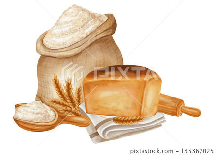 Watercolor illustration featuring a sack of flour, a rolling pin, ears of wheat, and a loaf of fresh bread on a napkin. Perfect for bakery branding, menu, food packaging, cookbooks, recipes Watercolor illustration featuring a sack of flour, a rolling pin, ears of wheat, and a loaf of fresh bread on a napkin. Perfect for bakery branding, menu, food packaging, cookbooks, recipes 135367025