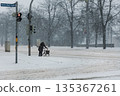 Senior woman crosses snowy city intersection with walker during winter snowfall and icy road conditions. Traffic lights and low visibility emphasize vulnerability, limited mobility and need for care 135367261