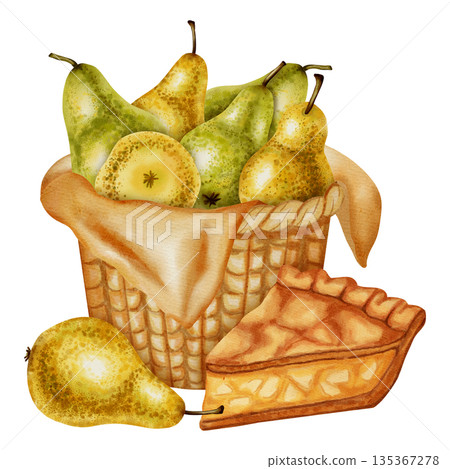 Hand painted watercolor illustration of a woven basket filled with various whole and sliced green and yellow pears. Perfect for harvest festival design, packaging, and rustic decor 135367278