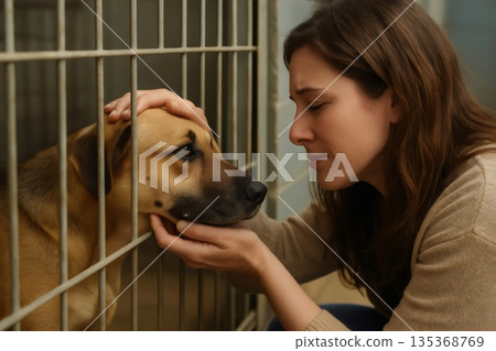 Volunteer comforting abandoned dog in cage at animal shelter, adoption, animal welfare and pet rescue concept 135368769