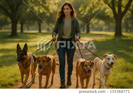 Young woman enjoying a sunny day at the park while walking four playful dogs, embracing the joy of her pet care profession 135368771