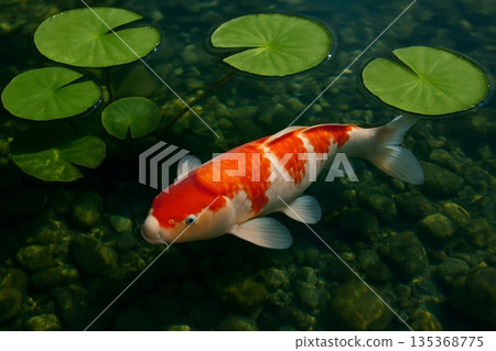 Vibrant koi fish gracefully swims beneath lily pads in a tranquil pond, creating a serene and captivating scene 135368775