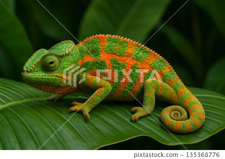 Colorful orange and green chameleon perched on a large green leaf, blending seamlessly into the vibrant rainforest environment 135368776