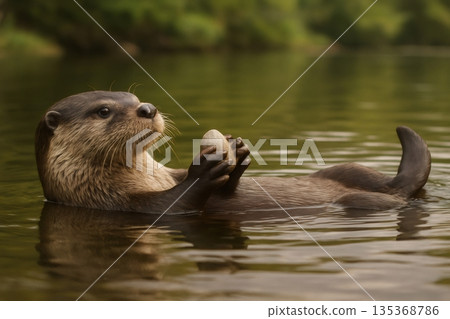 European otter floating on its back in a serene river, playfully holding a stone between its paws, showcasing its adorable nature 135368786