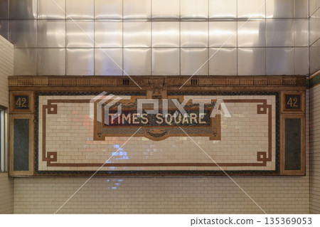 MTA Times Square Station subway sign in New York, NY, USA. August 26, 2025 135369053