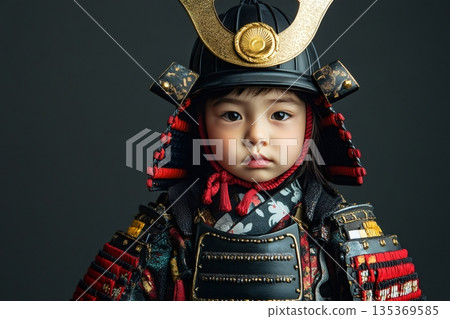 Portrait of a young child dressed in a detailed samurai costume, complete with helmet and armor, against a dark background 135369585