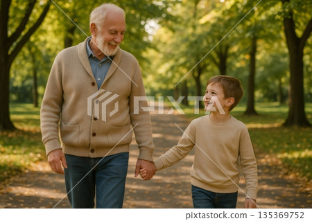 Grandfather and grandson enjoying a walk together in a park during autumn, holding hands and sharing a special moment 135369752