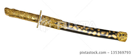 Ornate golden dagger and scabbard with intricate design 135369793