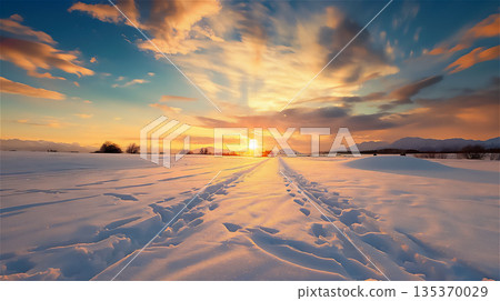 雪地上的日落和腳印 135370029
