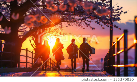 A stroll along the cherry blossom-lined street with the setting sun as your backdrop 135370030