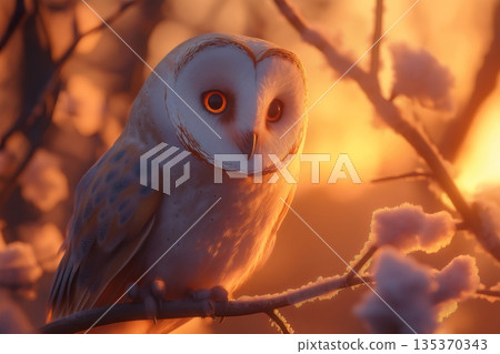 Majestic barn owl perched on a snow dusted branch, bathed in the warm glow of a winter sunset 135370343