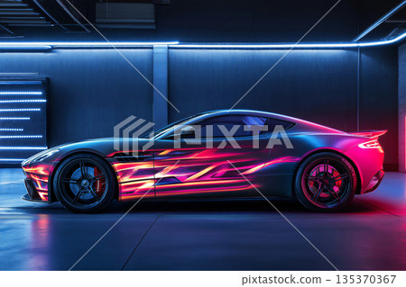 Sleek, customized sports car with vibrant, neon wrap design parked in a modern garage illuminated by neon lights, showcasing car tuning and customization 135370367