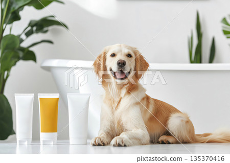 Golden retriever lying on bathroom floor with pet shampoo and conditioner bottles, promoting pet hygiene and wellness 135370416