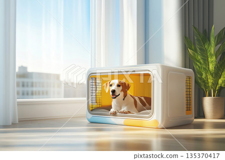 Jack Russell terrier relaxing in a brightly colored, modern pet carrier placed near a window in a cozy room 135370417