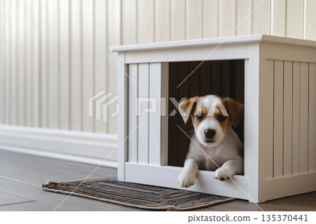 Adorable jack Russell puppy relaxing in its cozy white indoor kennel, creating a heartwarming scene of pet ownership 135370441