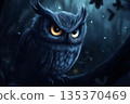 Majestic owl with large, expressive eyes perches on a branch in a dark, enchanted forest at night, creating a captivating and mysterious atmosphere 135370469