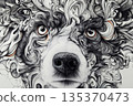 Intricate black and white dog portrait highlighting expressive eyes, detailed textures, and artistic swirls, creating a captivating visual representation 135370473