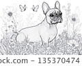 Detailed line art illustration of a French bulldog sitting in a field of flowers, with butterflies fluttering above 135370474