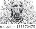 Intricate black and white line art illustration featuring a Labrador retriever's portrait surrounded by flowers and butterflies 135370475