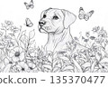 Black and white line art illustration of a dog surrounded by flowers and butterflies, creating a serene and beautiful scene 135370477