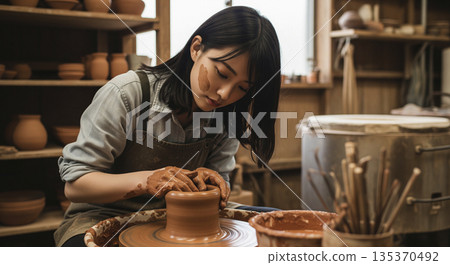 Japanese women experiencing pottery making Japanese women experiencing pottery making 135370492