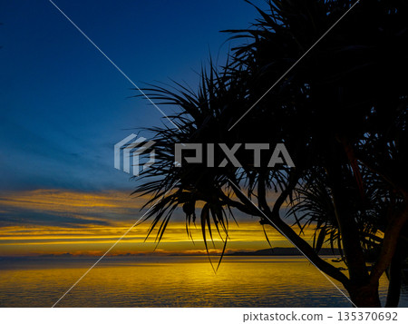 Dawn on the beach in Nakijin Village, Okinawa 135370692