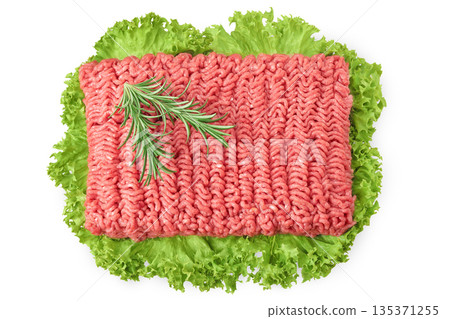 Minced meat, pork, beef, forcemeat isolated on white background. Top view Minced meat, pork, beef, forcemeat isolated on white background. Top view 135371255