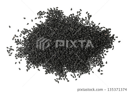 Nigella sativa or Black cumin isolated on white background. Top view. Flat lay Nigella sativa or Black cumin isolated on white background. Top view. Flat lay 135371374