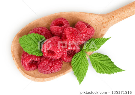 Ripe raspberries in wooden spoon isolated on a white background. Top view. Flat lay Ripe raspberries in wooden spoon isolated on a white background. Top view. Flat lay 135371516