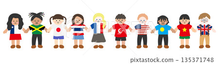 Illustration of children holding hands wearing clothes inspired by international flags 135371748