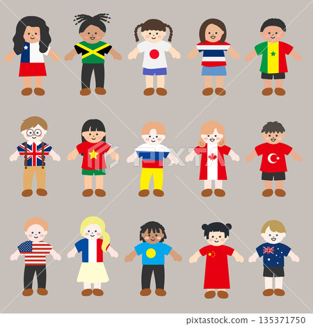 一組描繪兒童身著國旗圖案服裝的插圖。 135371750
