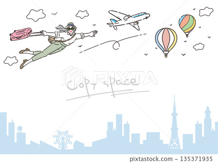 活躍的老年女性旅行插畫,留有空白區域,風景,尺寸比例 活躍的老年女性旅行插畫,留有空白區域,風景,尺寸比例 135371935