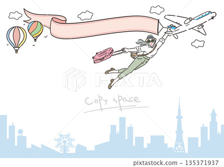 活躍的老年女性旅行插畫，留有空白區域，風景，尺寸比例 135371937