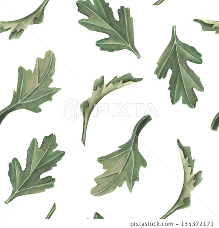 Seamless pattern with chrysanthemum leaves. Hand-painted watercolor botanical illustration isolated on white for textiles, packaging, stationery, wallpapers, branding, wedding design, romantic decor Seamless pattern with chrysanthemum leaves. Hand-painted watercolor botanical illustration isolated on white for textiles, packaging, stationery, wallpapers, branding, wedding design, romantic decor 135372171