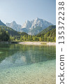 Crystal clear alpine lake near Kranjska Gora with turquoise water, forested shoreline, and dramatic Julian Alps mountains under a calm summer sky 135372238