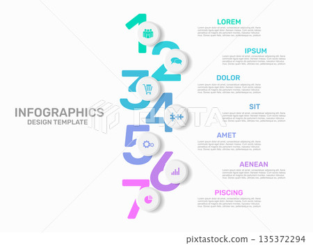 Colorful vertical infographic with numbered steps and icons for timelines, workflows, process presentations. Vector illustration. 135372294