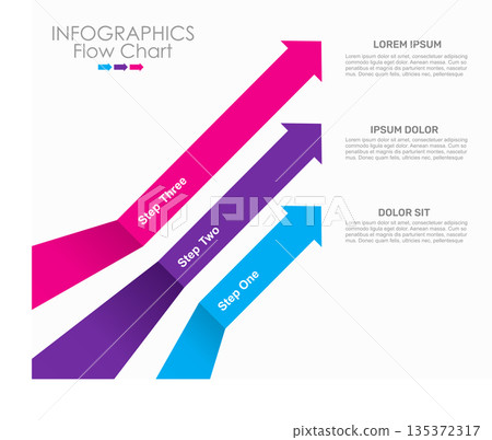 Three-step infographic with arrows banners, ideal for process visualization or presentation. Vector illustration. 135372317