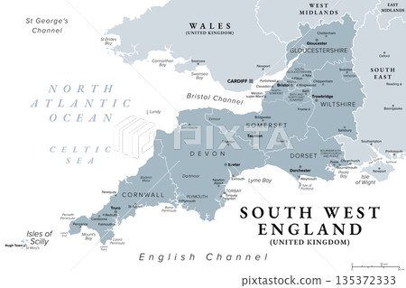 South West England, gray political map. Official region in the UK, consisting of counties and unitary authorities of Cornwall, Dorset, Devon, Bristol, Gloucestershire, Somerset, and Wiltshire. Vector 135372333