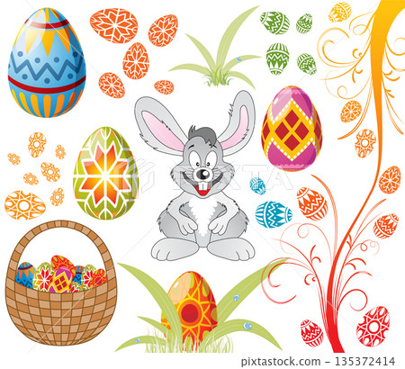 Easter set with eggs, rabbit and basket 135372414