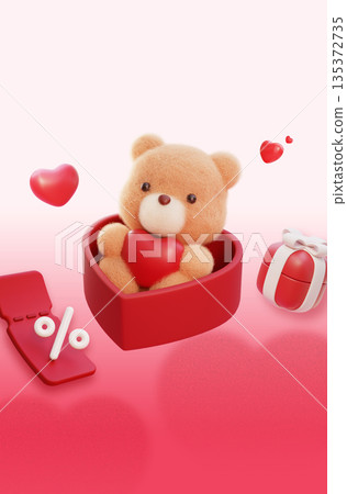Teddy Bear in Red Heart Box with Discount Coupons Vertical Banner 135372735