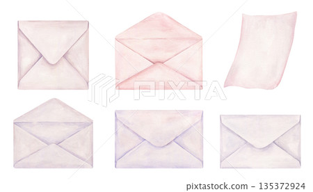 Watercolor open and closed envelopes for letters and blank pink page for note clip art illustration on isolated background. Post paper accessories for valentine day and mother day greeting card Watercolor open and closed envelopes for letters and blank pink page for note clip art illustration on isolated background. Post paper accessories for valentine day and mother day greeting card 135372924