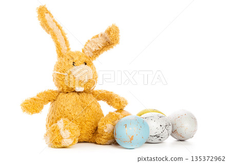Plush bunny sits beside colorful eggs during an Easter celebration in spring season 135372962