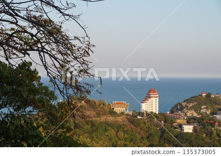 View from the mountain to the sea.View from the mountain of temples, turquoise sea and blue sky. 135373005
